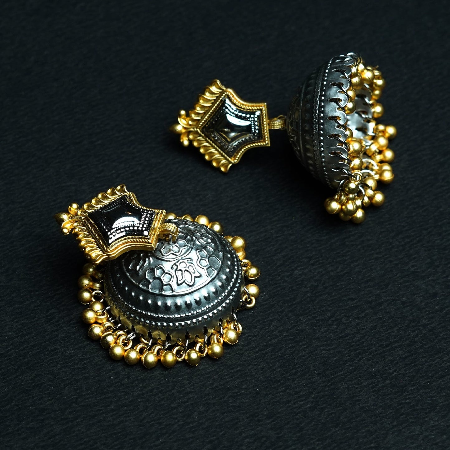 Zevar Club Oxidised Silver-Gold Tone Jhumka Earrings with Golden Beads Statement Design