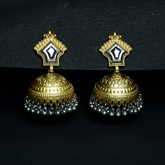 Zevar Club Oxidised Silver-Gold Tone Jhumka Earrings with Silver Beads Statement Design