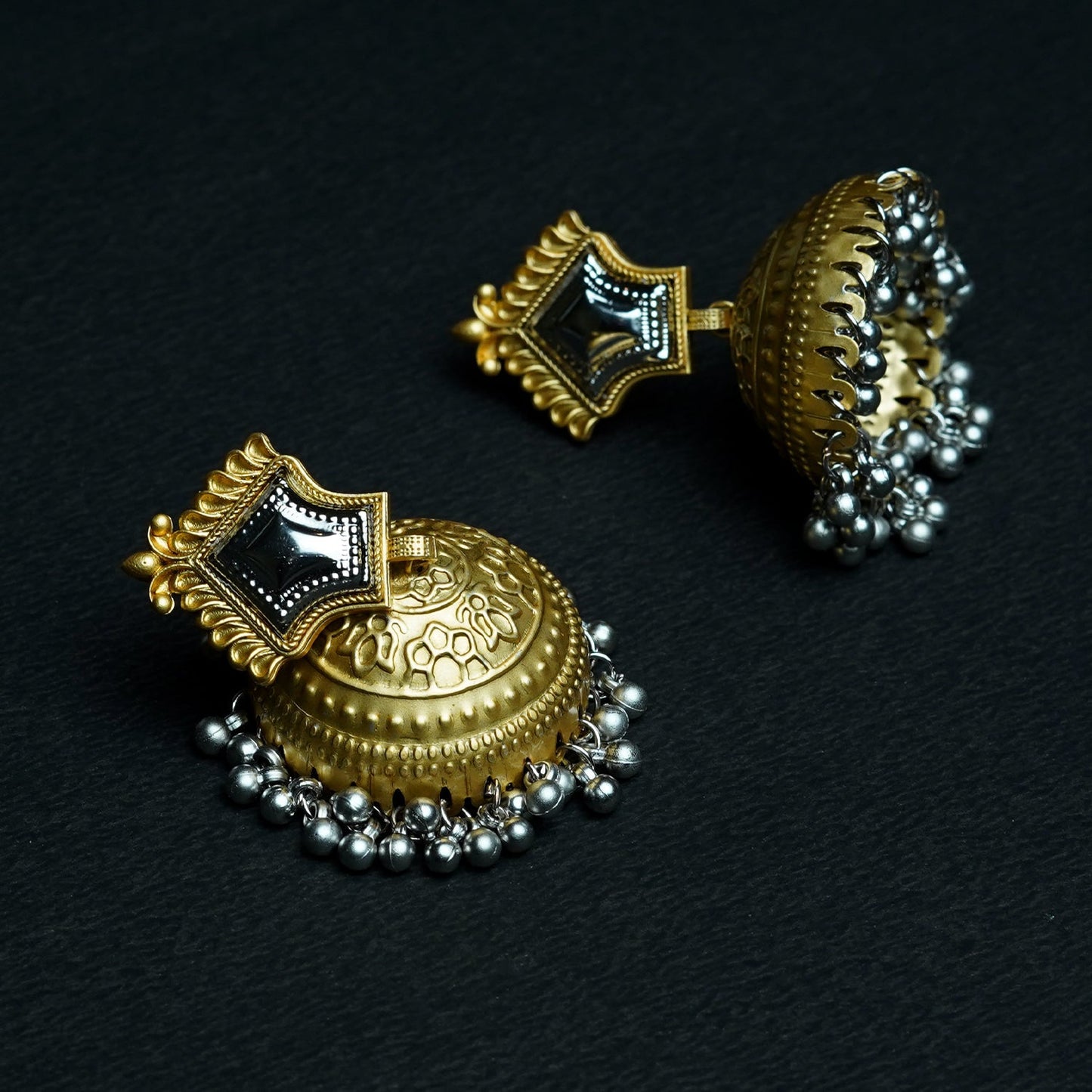 Zevar Club Oxidised Silver-Gold Tone Jhumka Earrings with Golden Beads Statement Design