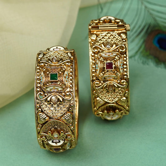 Zevar Club Set of 2 24K Gold-Plated Handcrafted Rajwadi Bangles with Ruby Red & Emerald Green Kundan Studded Floral & Embossed Motifs