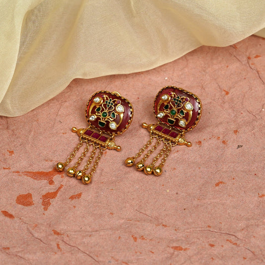Zevar Club 22K Gold-Plated Handcrafted Red Enamelled Dome Earrings with White & Green Kundan and Multi-Layered Golden Chain Drops