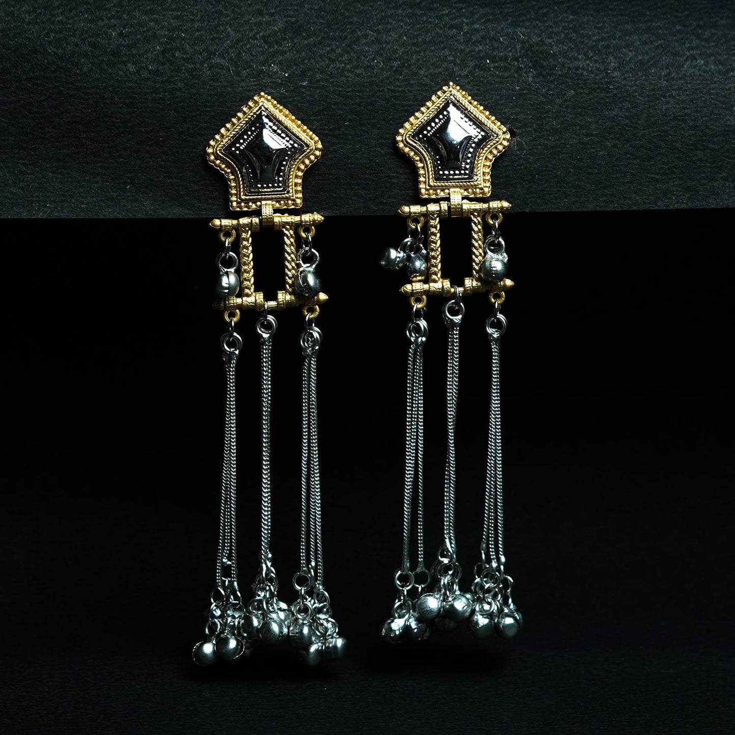 Zevar Club Oxidised Gold & Silver Long Chain Shoulder Duster Earrings with Black Enamel Top