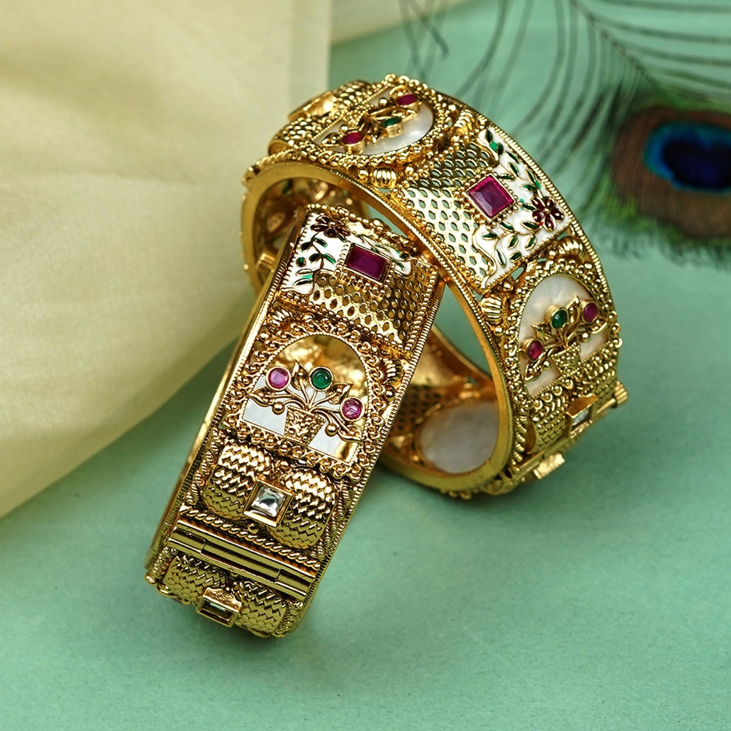 Zevar Club Set of 2 22K Gold-Plated Handcrafted Rajwadi Bangles with Ruby Pink & Emerald Green Kundan Studded Elephant Motifs