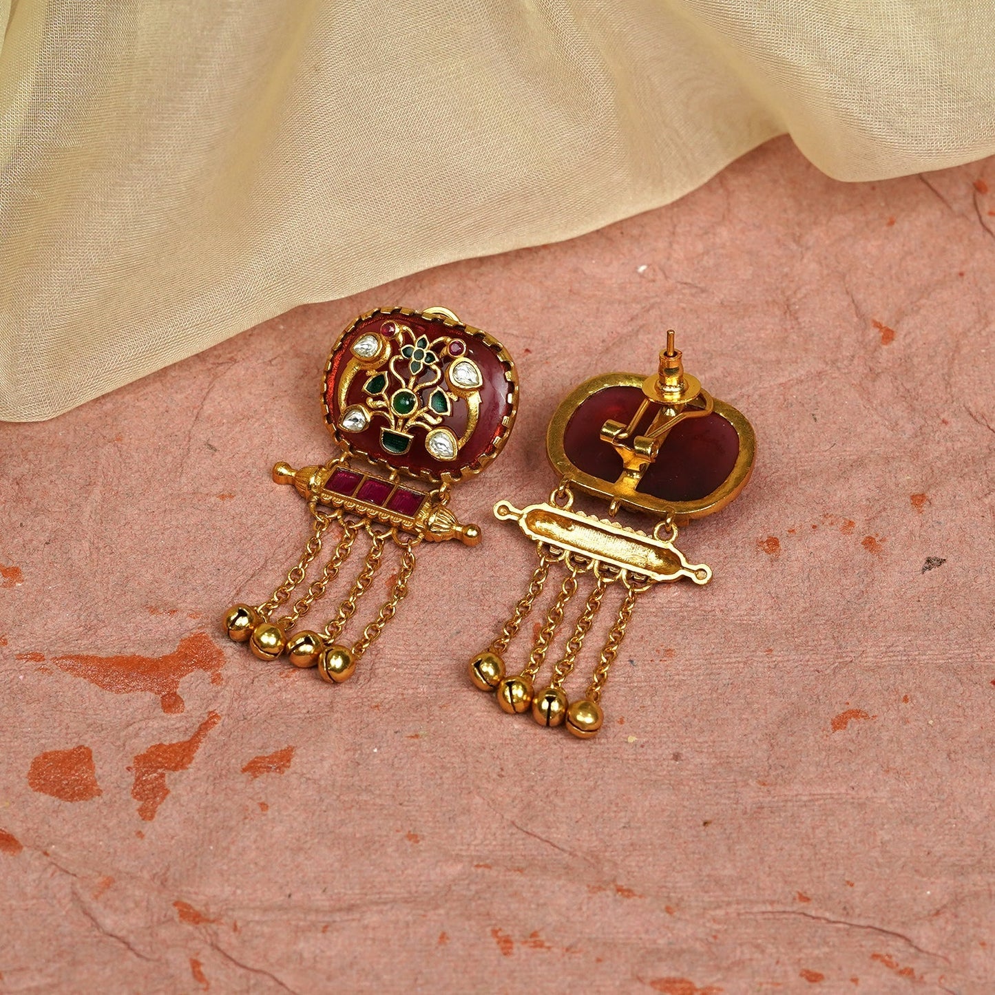 Zevar Club 22K Gold-Plated Handcrafted Red Enamelled Dome Earrings with White & Green Kundan and Multi-Layered Golden Chain Drops