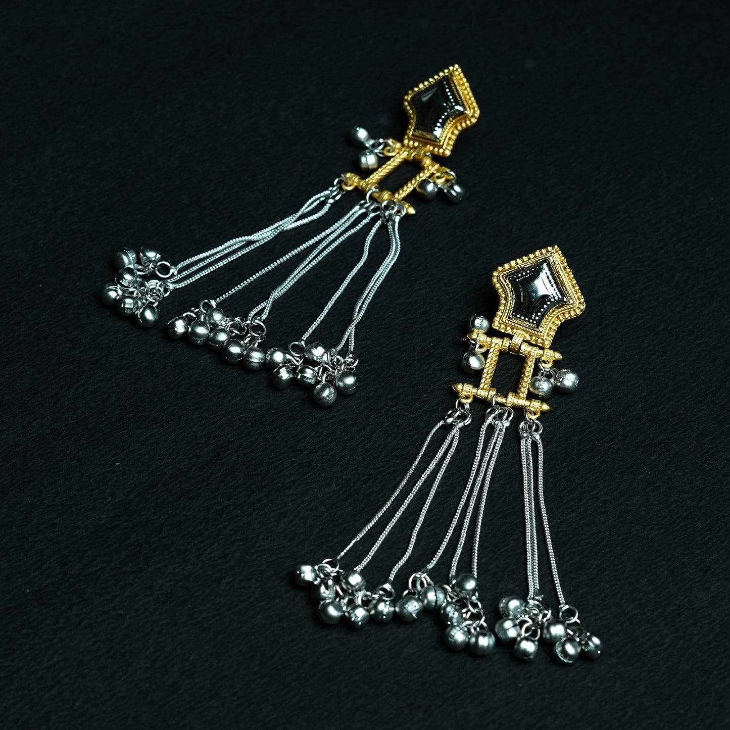 Zevar Club Oxidised Gold & Silver Long Chain Shoulder Duster Earrings with Black Enamel Top