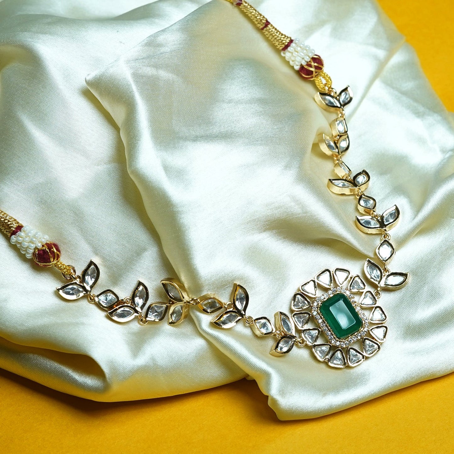 Zevar Club 18K Gold-Plated Emerald Green & White Kundan with Cubic Zirconia Accents Royal Statement Jewellery Set