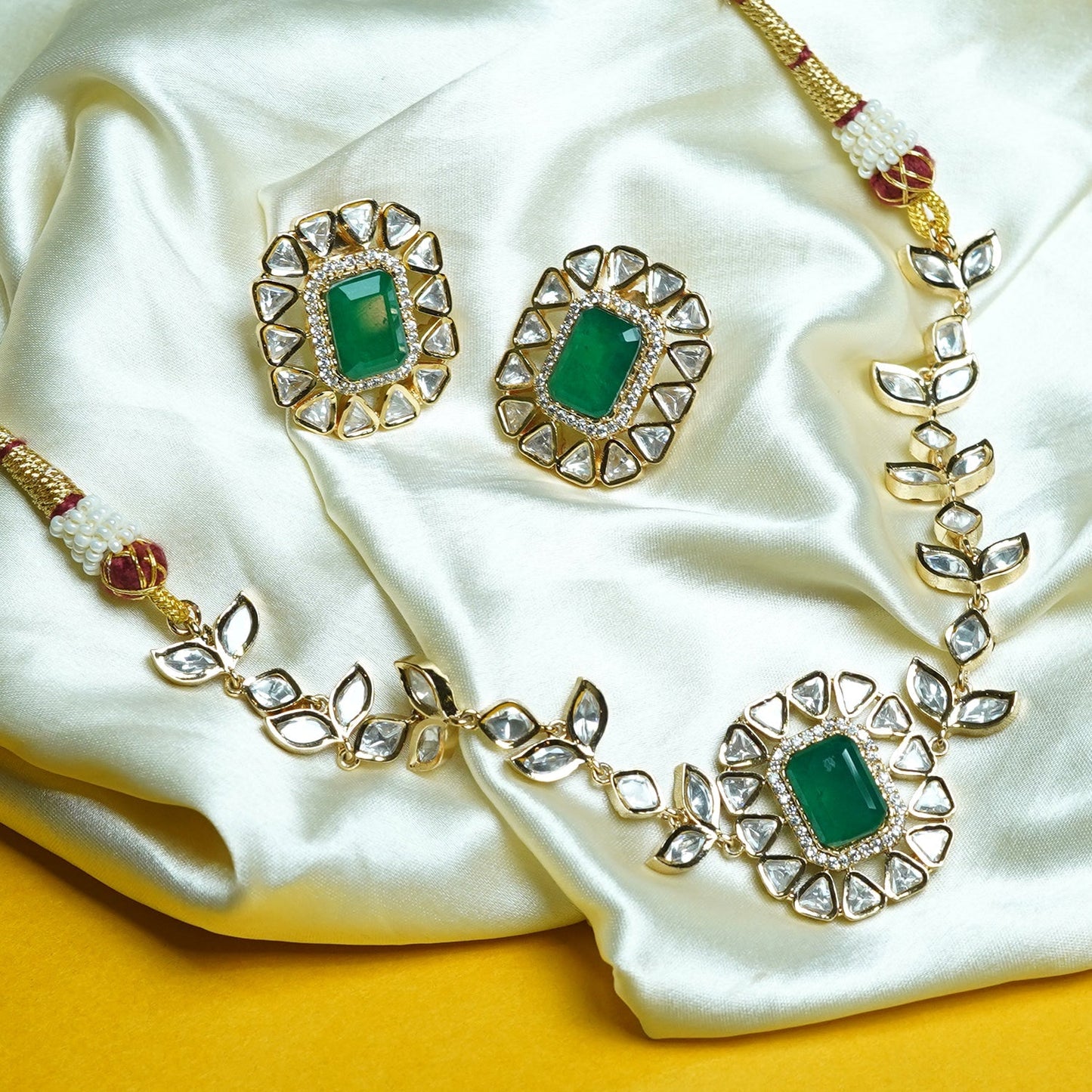 Zevar Club 18K Gold-Plated Emerald Green & White Kundan with Cubic Zirconia Accents Royal Statement Jewellery Set