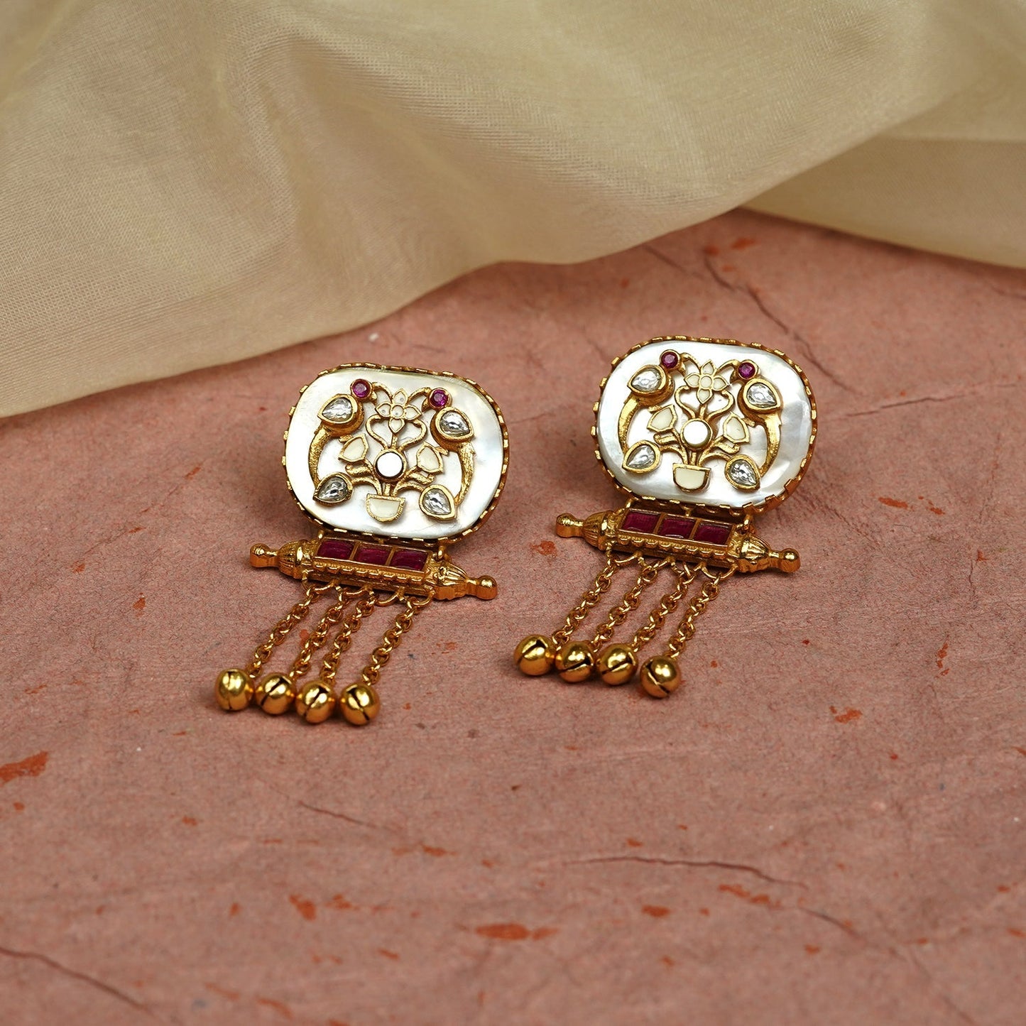 Zevar Club 22K Gold-Plated Handcrafted White Enamelled Dome Earrings with White & Red Kundan and Multi-Layered Golden Chain Drops