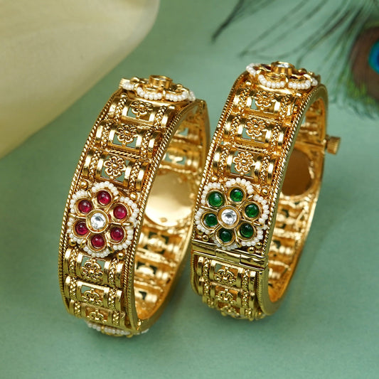 Zevar Club Set of 2 22K Gold-Plated Handcrafted Rajwadi Bangles with Ruby Red & Emerald Green Floral Kundan Motif