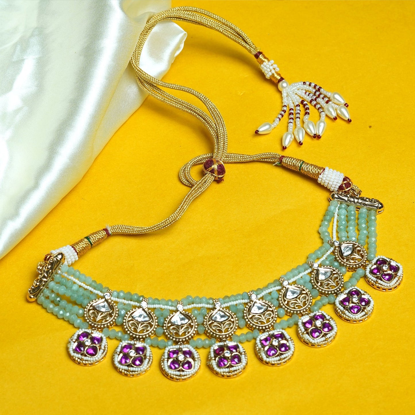 Zevar Club 22K Gold-Plated Aqua Blue Beaded & Purple Floral Kundan Statement Necklace Set