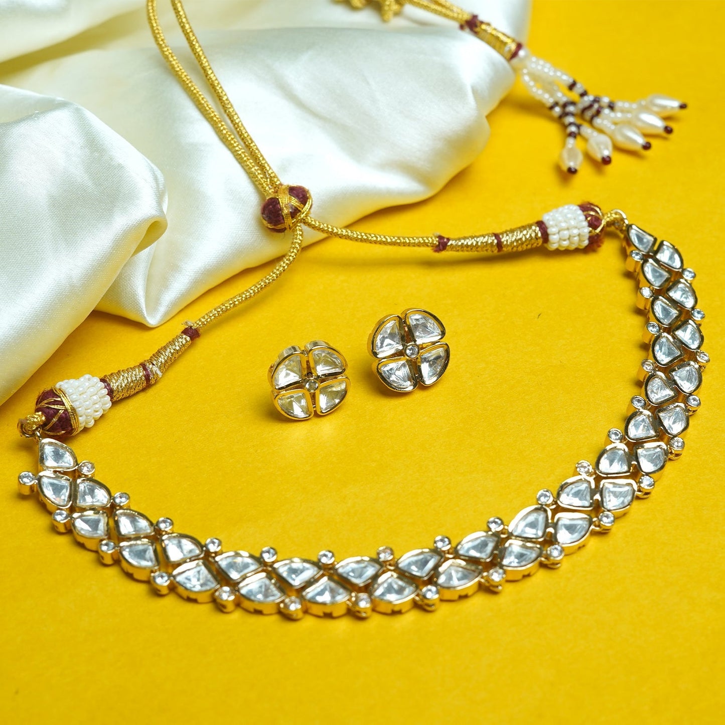 Zevar Club 22K Gold-Plated White Kundan Stone Studded Floral Choker Jewellery Set