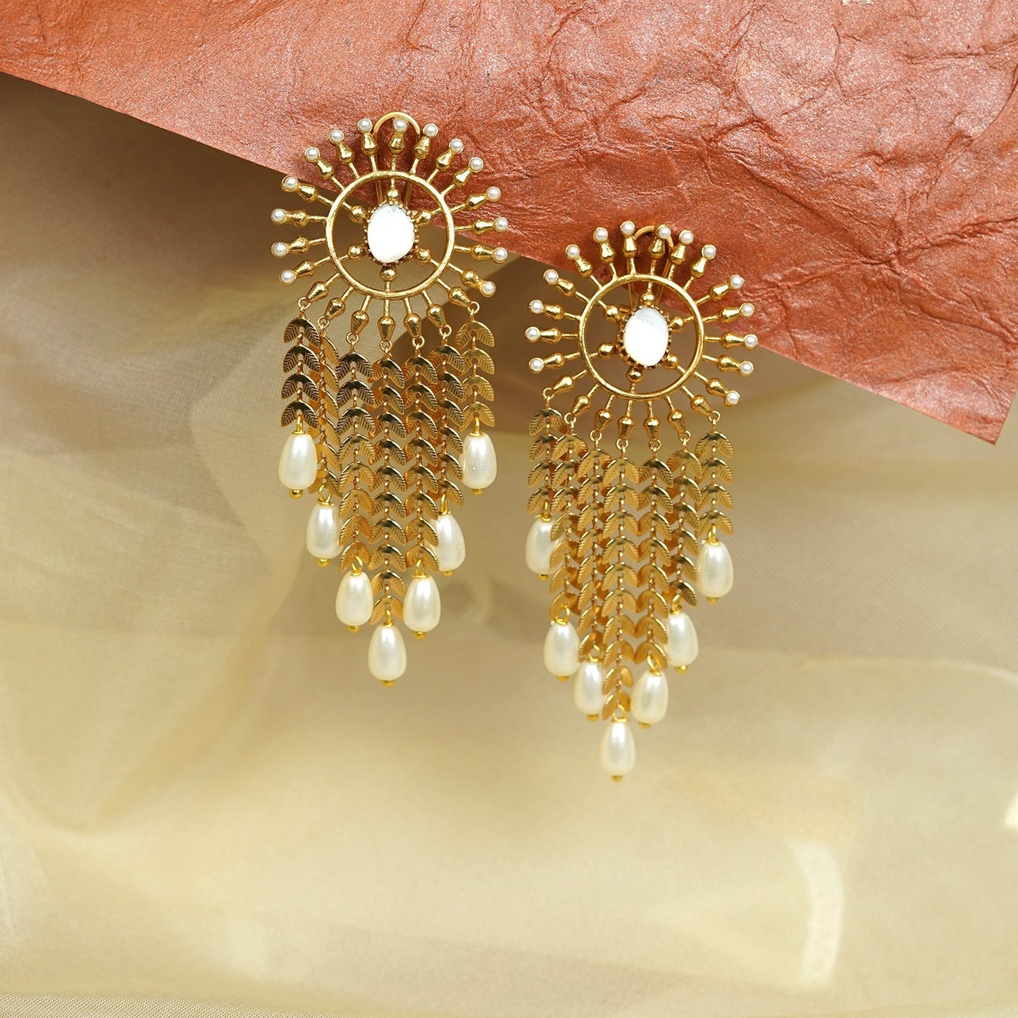 Zevar Club 22K Gold-Plated Handcrafted Sunburst Dangler Earrings with White Pearls & Cascading Layered Chains