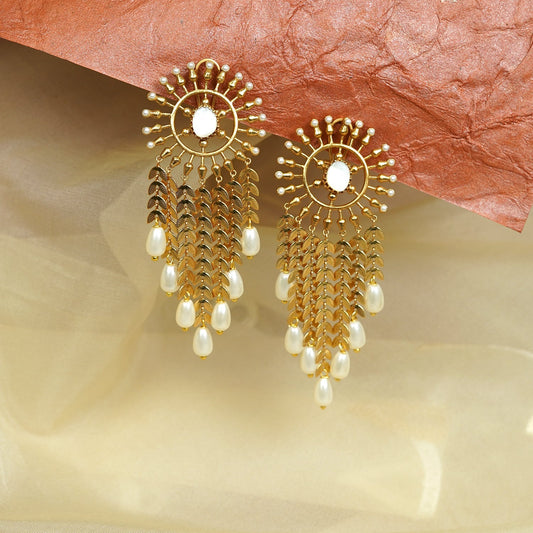 Zevar Club 22K Gold-Plated Handcrafted Sunburst Dangler Earrings with White Pearls & Cascading Layered Chains