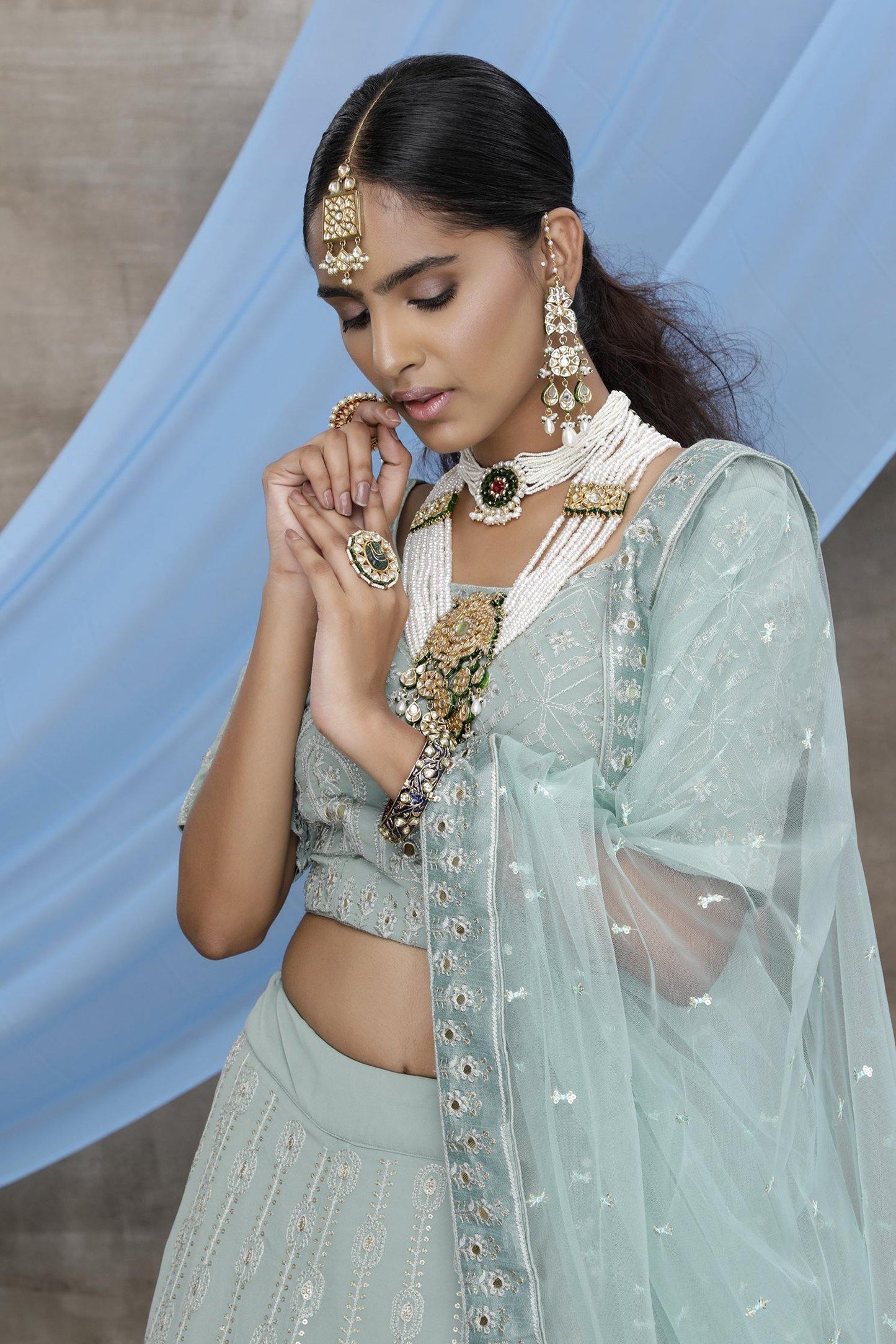 Dusty Green Georgette Bridal Lehenga Choli
