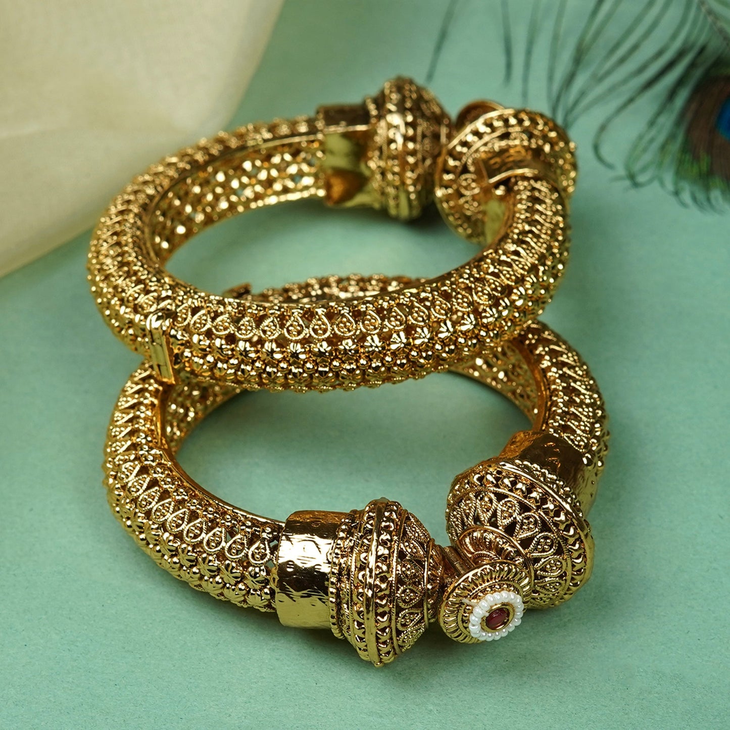 Zevar Club Set of 2 22K Gold-Plated Handcrafted Openable Rajwadi Bangles with Ruby Pearl & Kundan Stones for Women