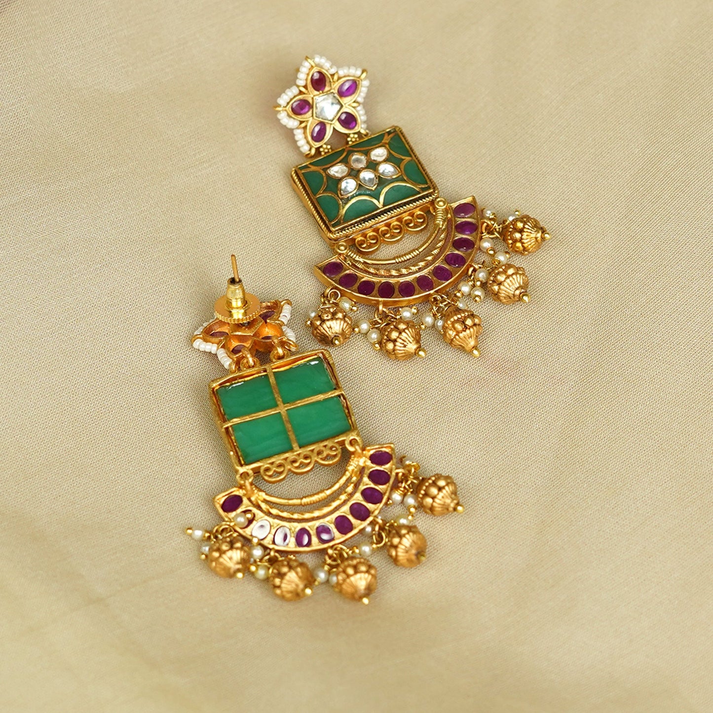 Zevar Club 18K Gold-Plated Ruby Pink Stone and Green Enamelled Kundan Chandbali Earrings