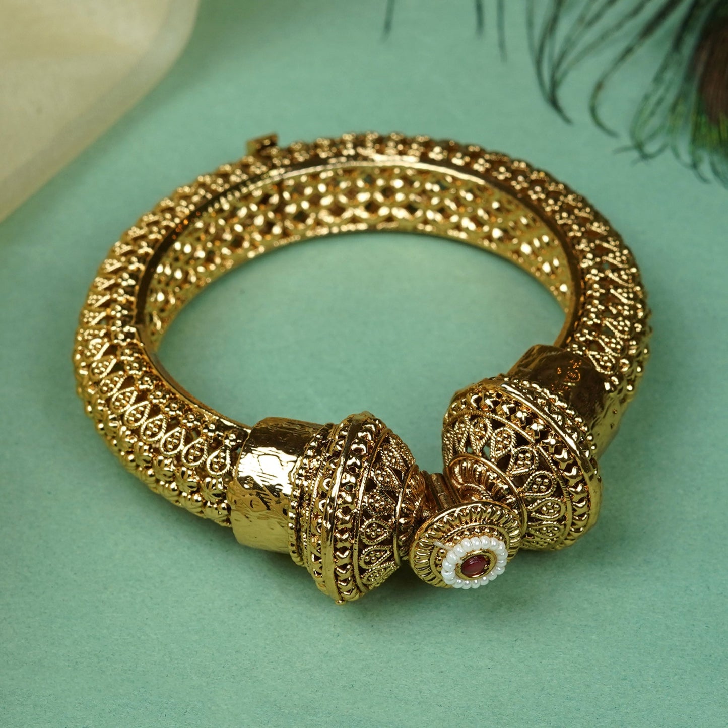 Zevar Club Set of 2 22K Gold-Plated Handcrafted Openable Rajwadi Bangles with Ruby Pearl & Kundan Stones for Women