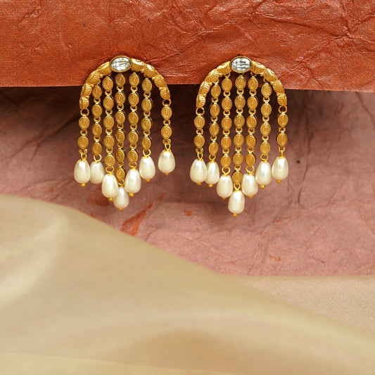 Zevar Club 22K Gold-Plated Handcrafted Semi-Circle Dangler Earrings with White Pearls & Golden Chain Drops