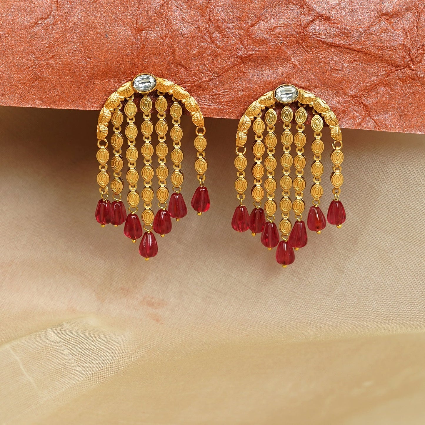 Zevar Club 22K Gold-Plated Handcrafted Semi-Circle Dangler Earrings with Ruby Red Beads & Golden Chain Drops