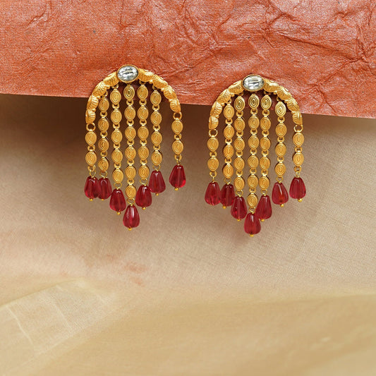 Zevar Club 22K Gold-Plated Handcrafted Semi-Circle Dangler Earrings with Ruby Red Beads & Golden Chain Drops