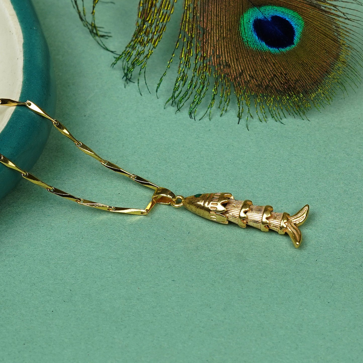 Zevar Club 18K Gold Plated Handcrafted Fish Design Pendant with Movable Tail & Red Stone Detail for Women