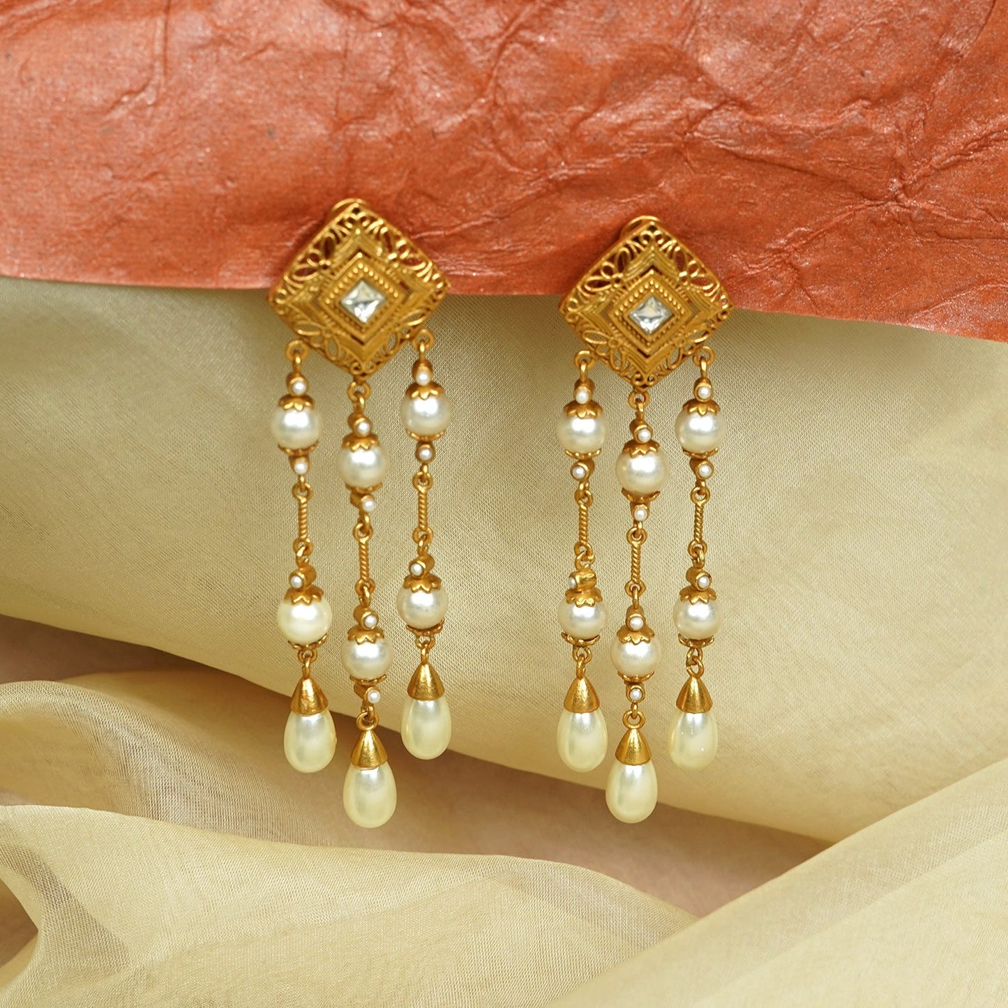 Zevar Club 22K Gold-Plated Handcrafted White Pearl & Kundan Studded Cascading Dangle Earrings