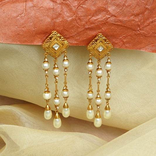 Zevar Club 22K Gold-Plated Handcrafted White Pearl & Kundan Studded Cascading Dangle Earrings