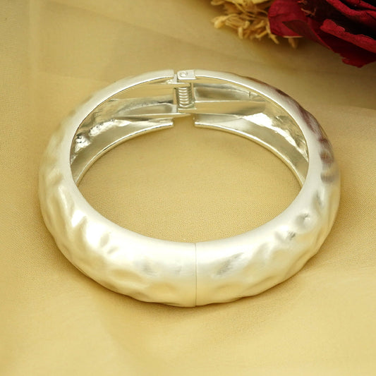 Zevar Club Bold Silver Tone Stainless Steel Tarnish Free Waterproof Hammered Texture Openable Statement Bracelet for Women