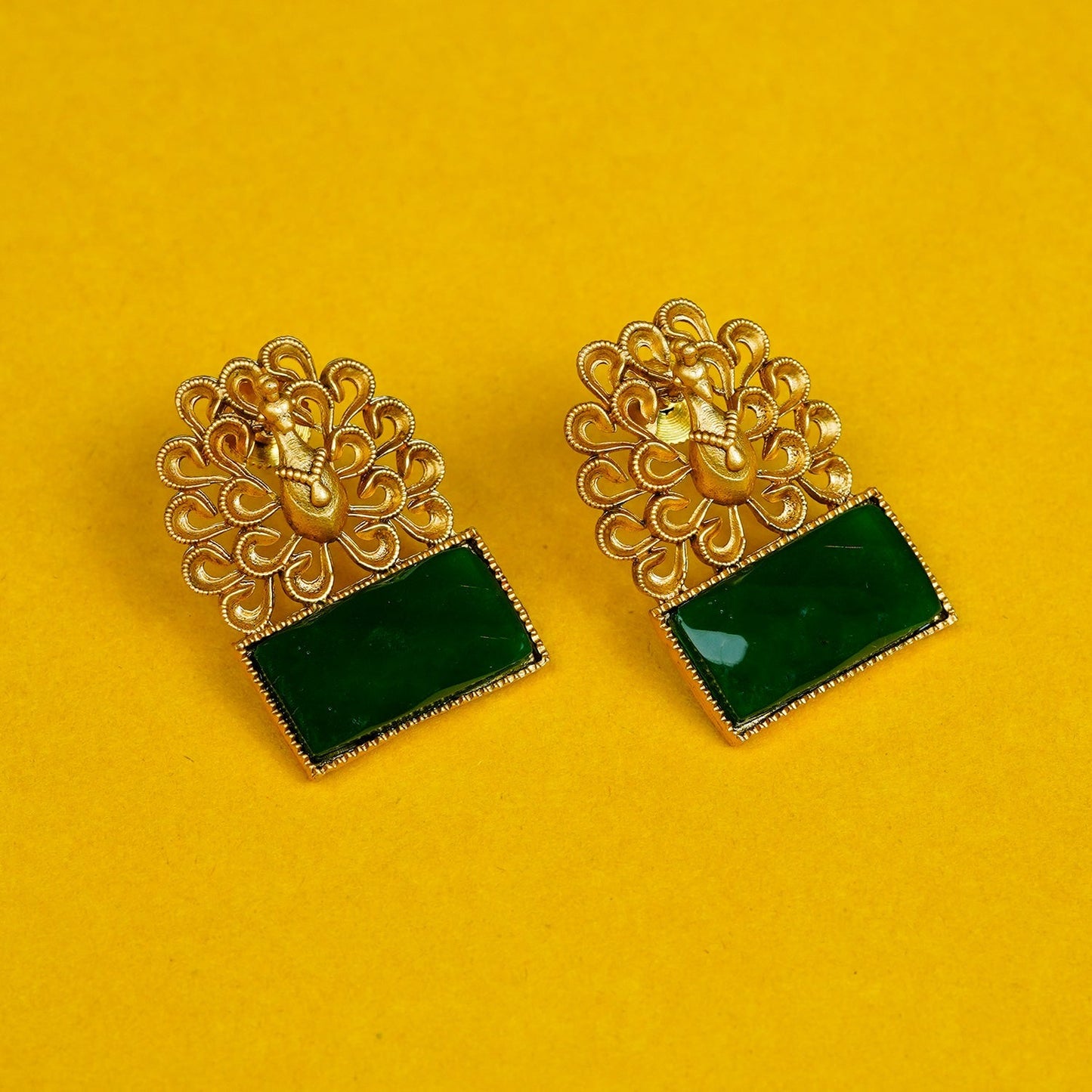 Zevar Club Brass Gold-Toned Statement Peacock Motif Earrings with Emerald Red Rectangular Stones