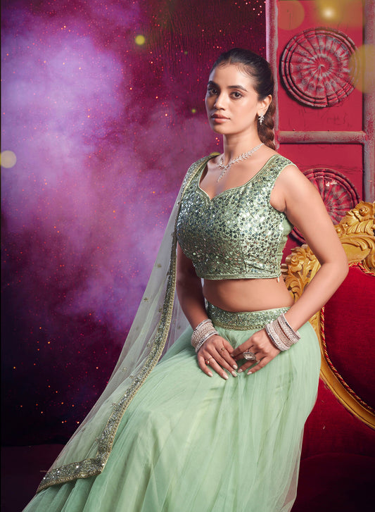 Pista Green Net Sequence Embroidery Bridesmaid Lehenga