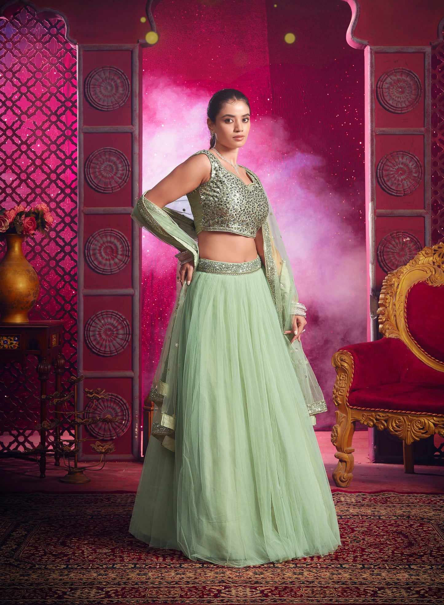 Pista Green Net Sequence Embroidery Bridesmaid Lehenga