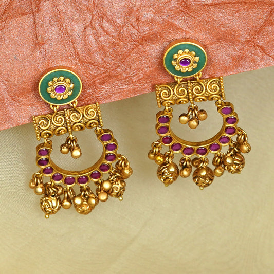 Zevar Club 22K Gold-Plated Green Enamelled and Ruby Stone Studded Temple Chandbali Earrings with Golden Beads