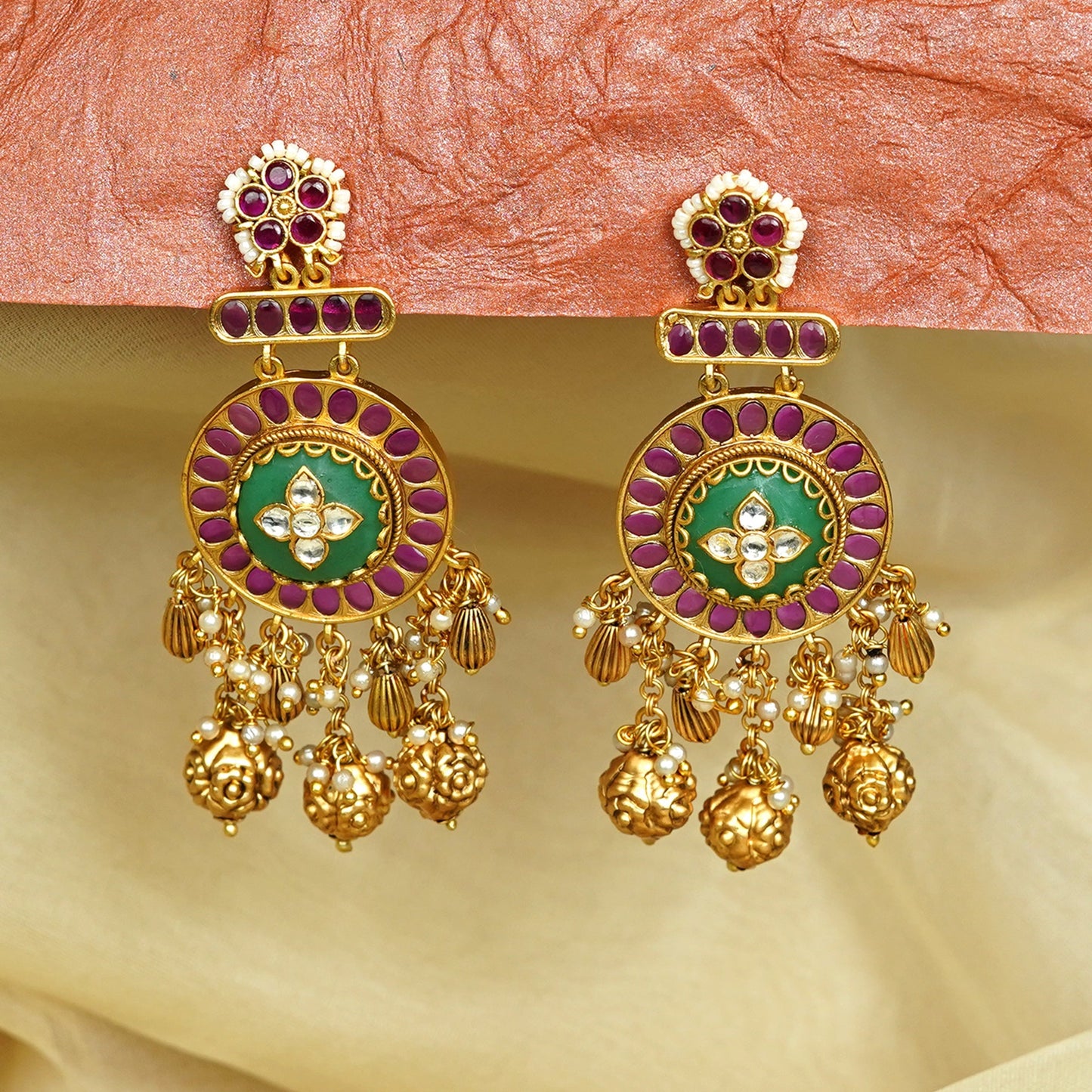 Zevar Club 18K Gold-Plated Green Enamelled Ruby & White Kundan Chandbali Earrings with Pearl & Golden Beads