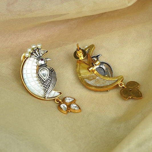 Zevar Club Dual-Tone Oxidised Silver & Gold-Plated Big Twin Bird Stud Earrings with White Kundan & Pearls