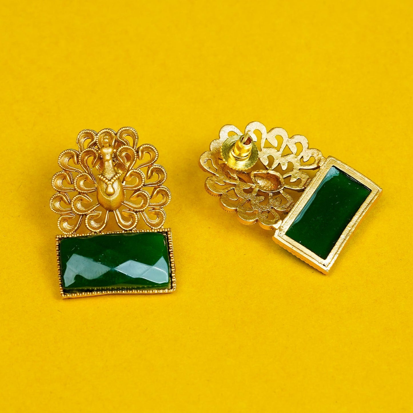 Zevar Club Brass Gold-Toned Statement Peacock Motif Earrings with Emerald Green Rectangular Stones