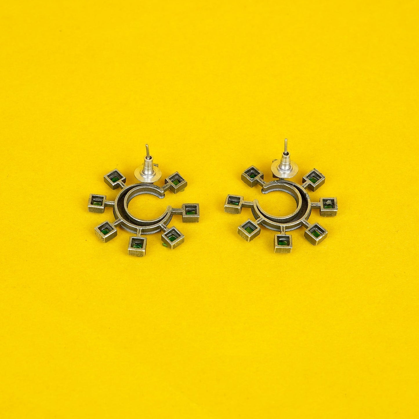 Zevar Club Oxidised Silver-Plated Textured Half-Hoop AD Studded Earrings