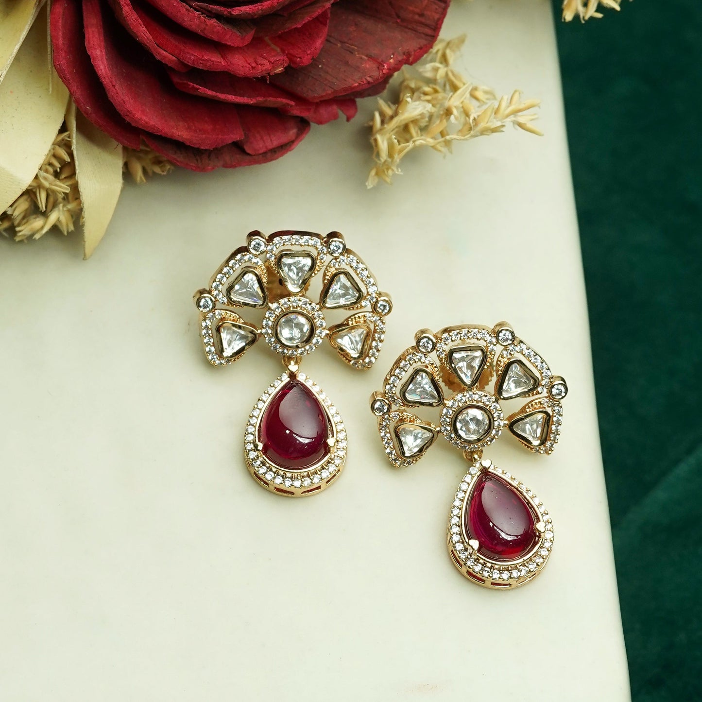 Raani Ruby Kundan Diamond Drop Earrings