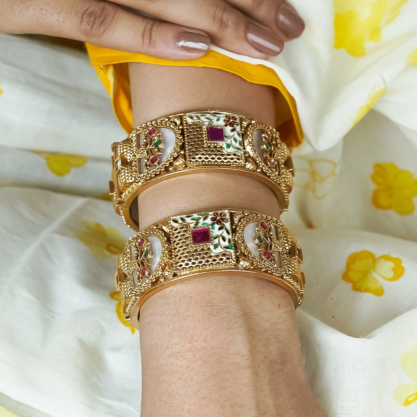 Zevar Club Set of 2 22K Gold-Plated Handcrafted Rajwadi Bangles with Ruby Pink & Emerald Green Kundan Studded Elephant Motifs