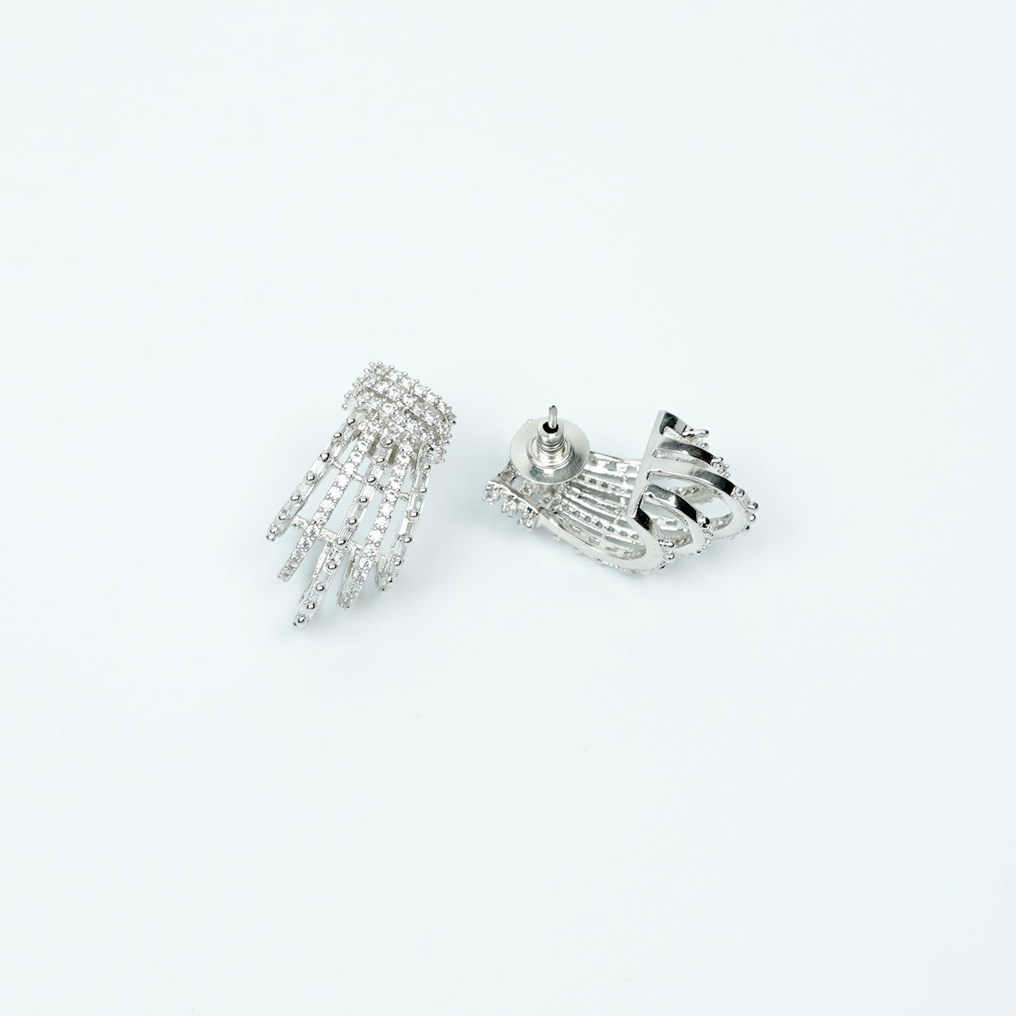 Zevar Club Rhodium-Plated Handcrafted Cubic Zirconia Studded Demi-Fine Layered Fringe Earrings