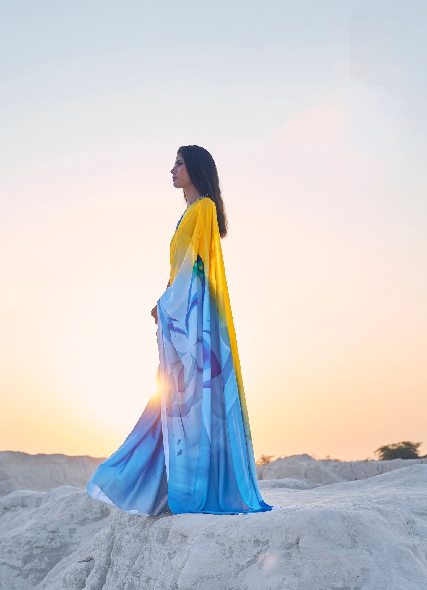 Blue and yellow Kasa Digital Print Saree