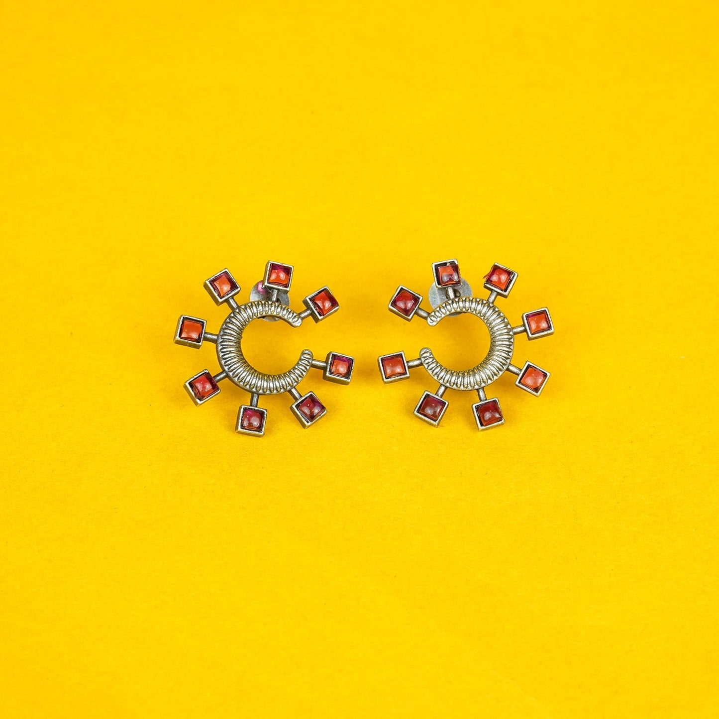 Zevar Club Oxidised Silver-Plated Ruby Pink AD Studded Half-Hoop Earrings
