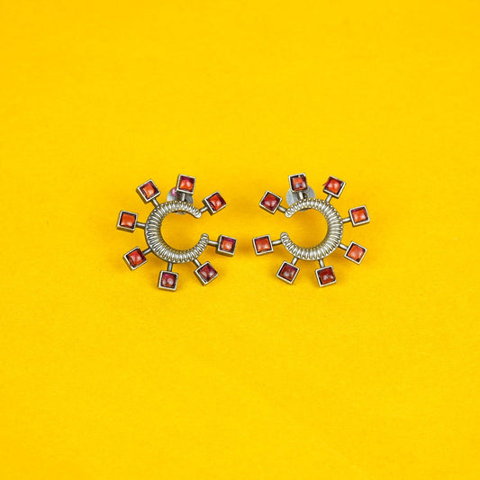 Zevar Club Oxidised Silver-Plated Ruby Pink AD Studded Half-Hoop Earrings