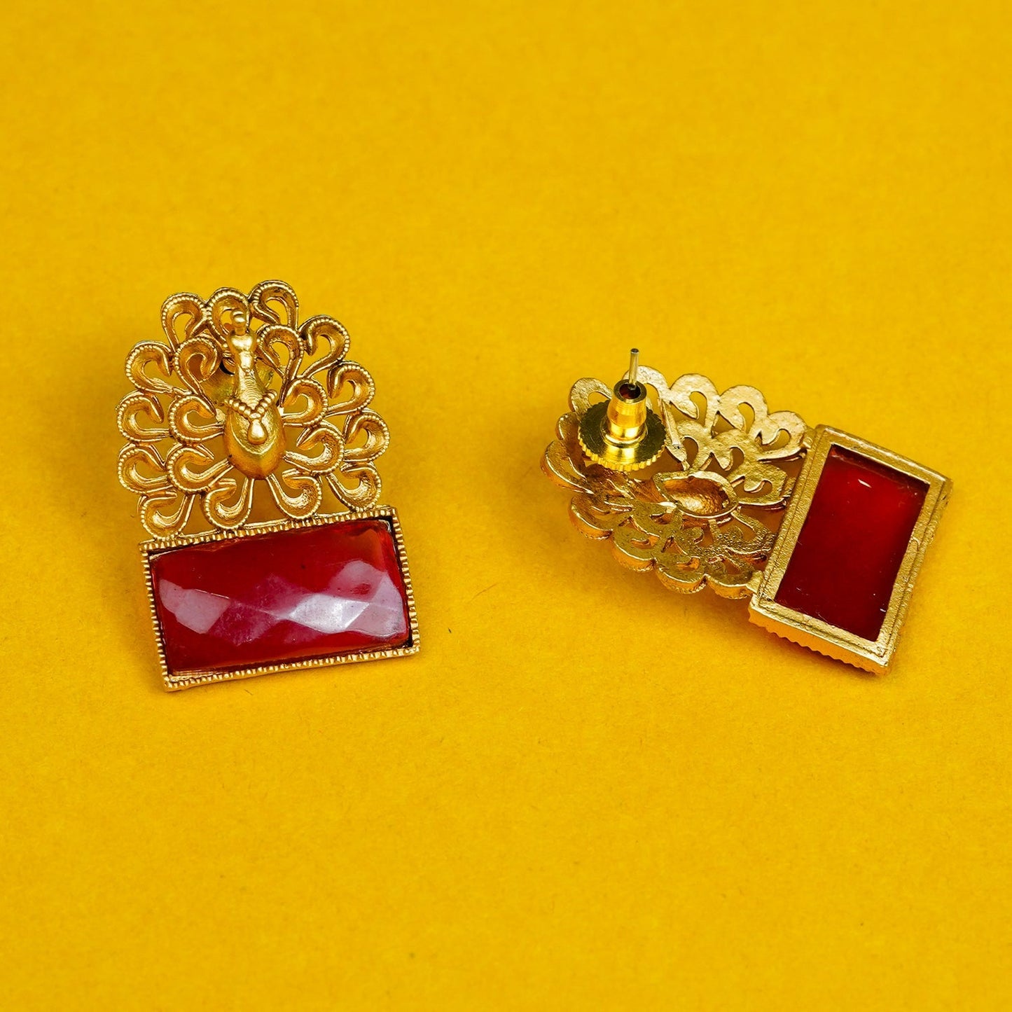 Zevar Club Brass Gold-Toned Statement Peacock Motif Earrings with Emerald Green Rectangular Stones