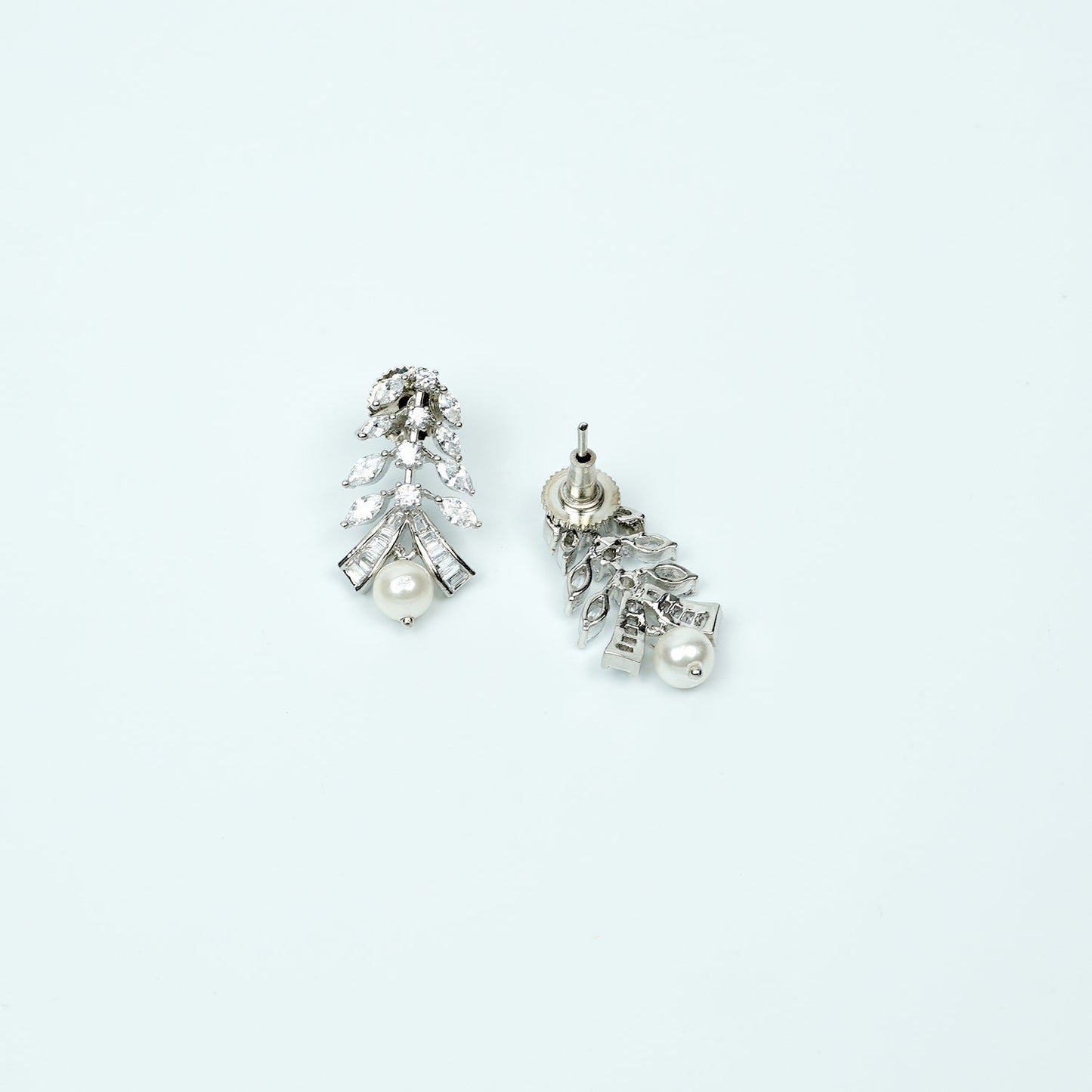 Zevar Club Rhodium-Plated Handcrafted Cubic Zirconia & Pearl Drop Earrings with Leaf Design