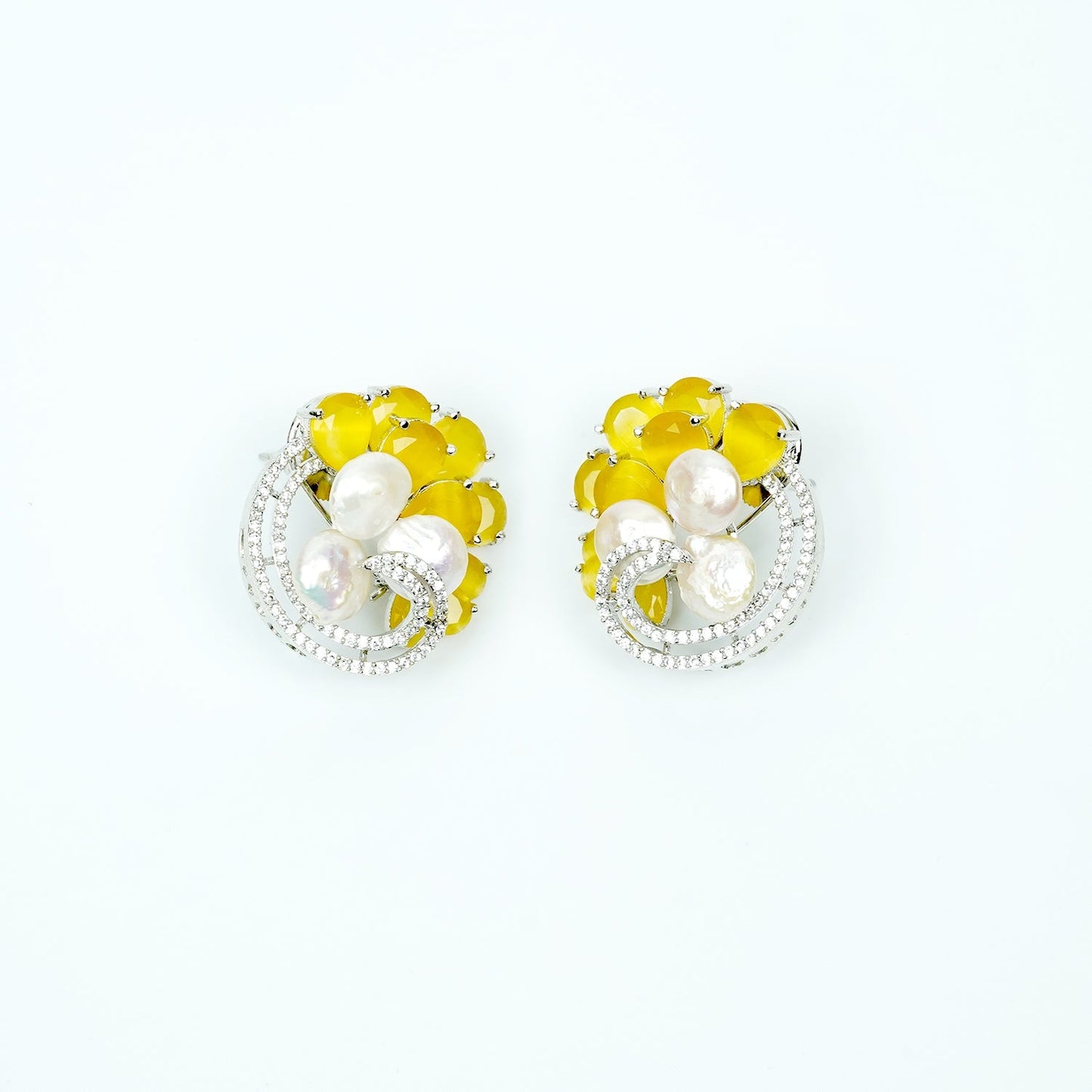 Zevar Club Rhodium-Plated Handcrafted Glossy Baroque Pearl & Yellow Crystal Cubic Zirconia Stud Earrings