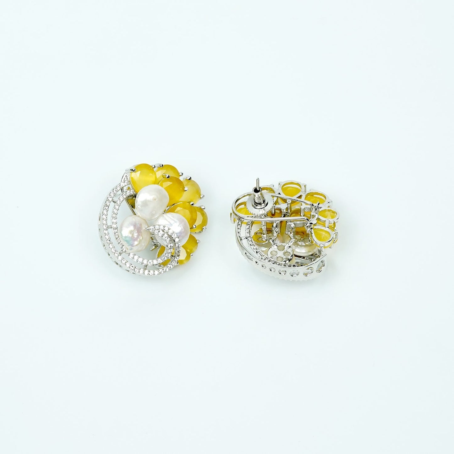 Zevar Club Rhodium-Plated Handcrafted Glossy Baroque Pearl & Yellow Crystal Cubic Zirconia Stud Earrings