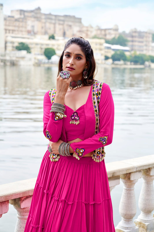 Pink Rayon Mirror Gamthi Work Navratri Lehenga Choli