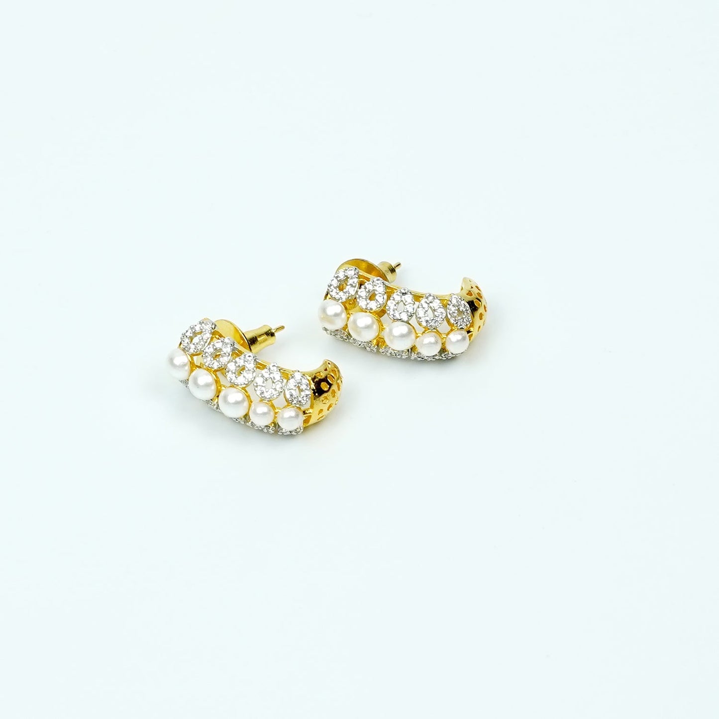 Zevar Club 22K Gold-Plated Handcrafted Cubic Zirconia & Pearl Studded Huggie Hoop Earrings