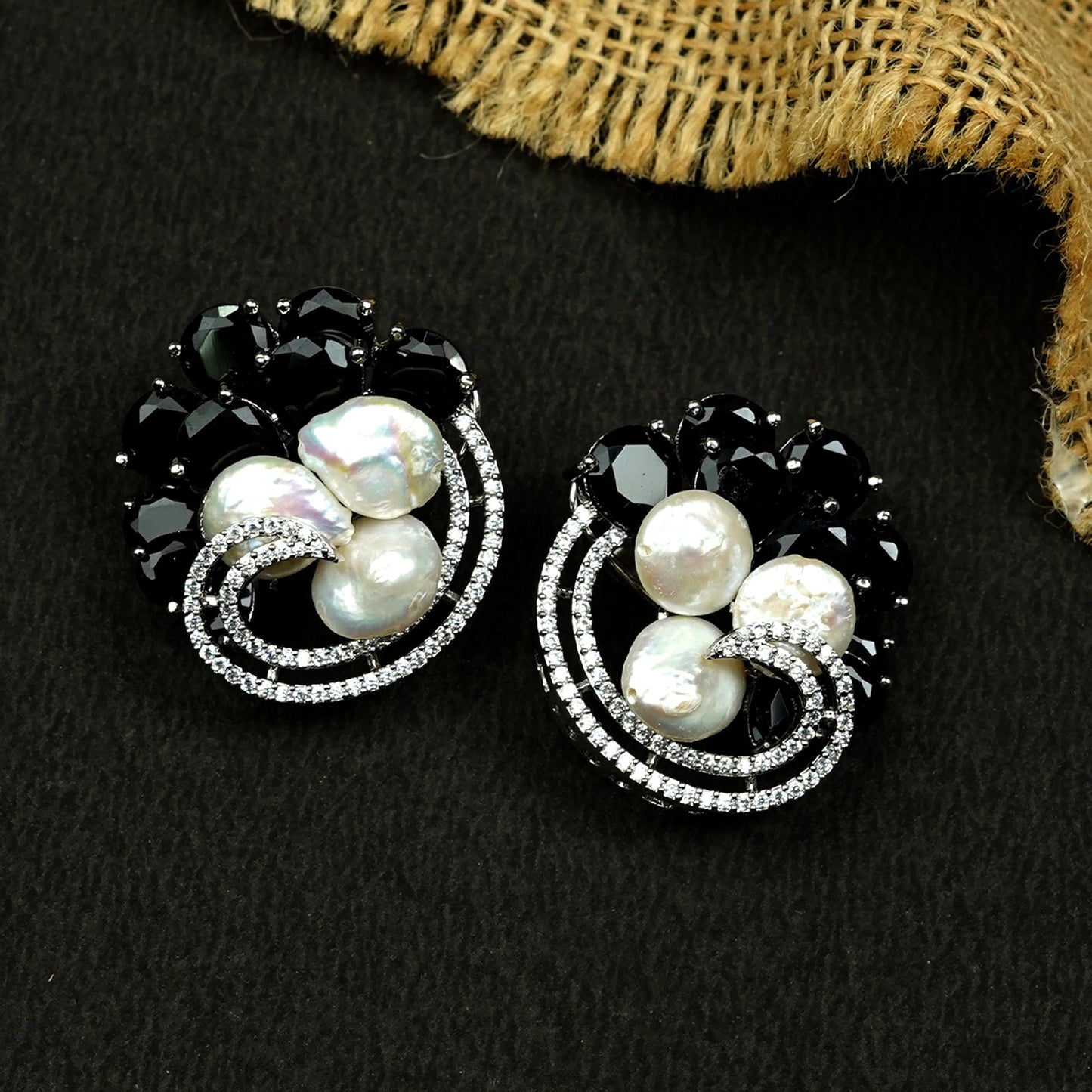 Zevar Club Rhodium-Plated Handcrafted Glossy Baroque Pearl & Yellow Crystal Cubic Zirconia Stud Earrings