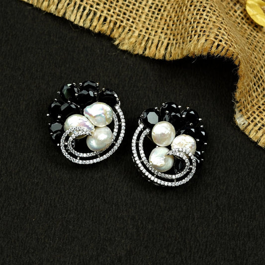Zevar Club Rhodium-Plated Handcrafted Baroque Pearl & Black Crystal Cubic Zirconia Swirl Stud Earrings
